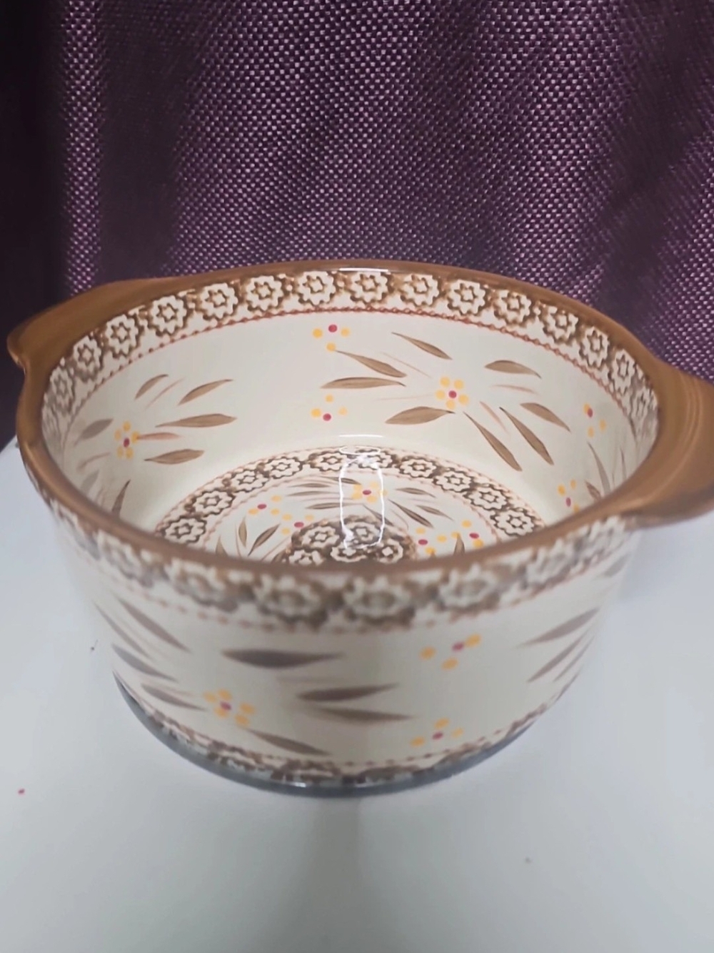 Temp-Tations Brown and Cream Floral Ceramic Serving Bowl with Handles